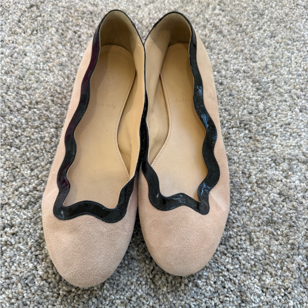 J.Crew Made in Italy Suede Scalloped Flats Black Patent Trim Size 6